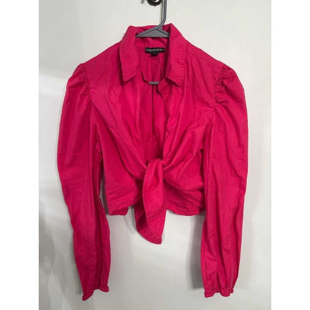Thread & Story Hot Pink Tie Front Blouse Puff Sleeve Cropped Top XL